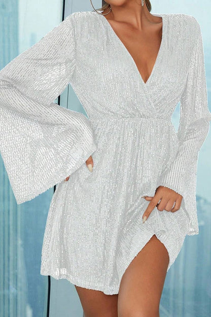CWDSD4294_SEQUIN LONG SLEEVE MESH DEEP V SWING DRESS