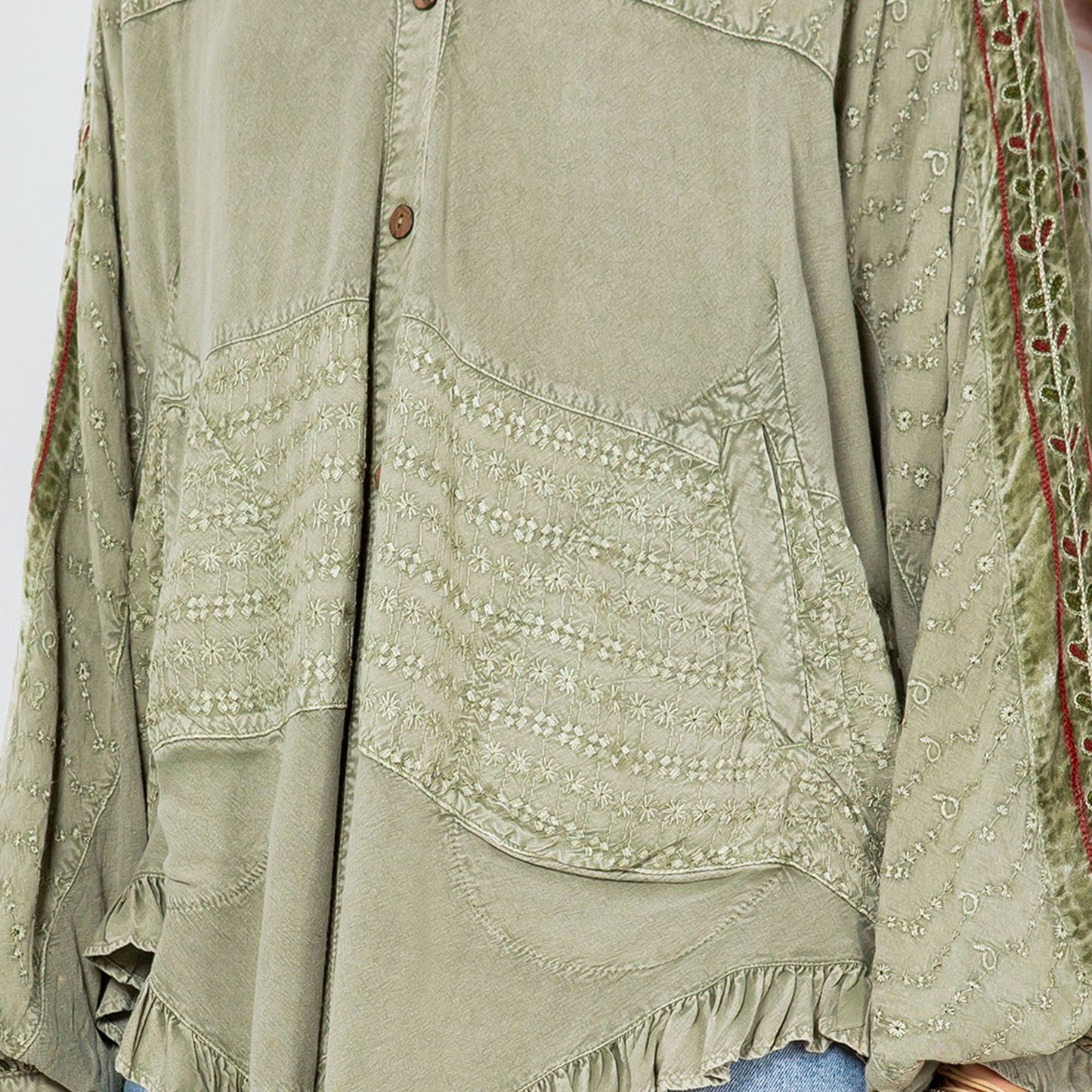 Bohemian Elegance: Stonewashed Rayon Bat Sleeve Top: Olive / (S-M-L-XL 1-2-2-1)