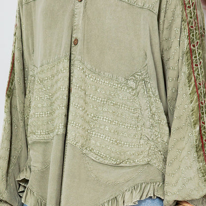 Bohemian Elegance: Stonewashed Rayon Bat Sleeve Top: Olive / (S-M-L-XL 1-2-2-1)