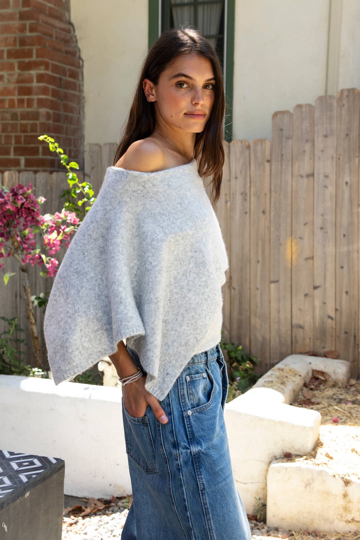 AINSLEY Off Shoulder Asymmetric Knit Poncho Sweater