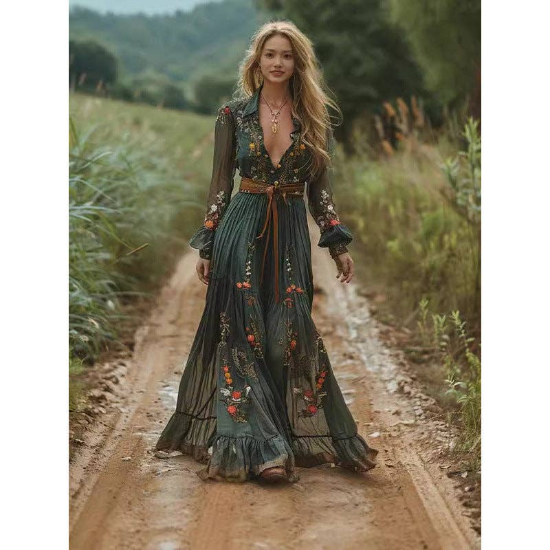 Women's Bohemian Floral Print Long Sleeve Maxi Dress