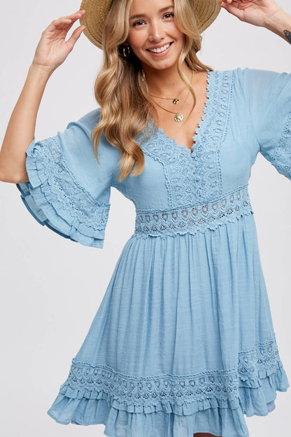 V-NECK LACE DRESS - Open Back with Tie Detail