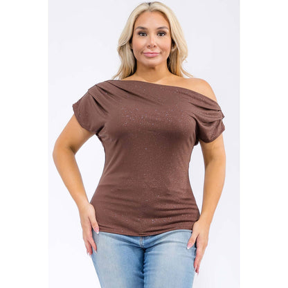 PLUS SIZE GLITTER OFF SHOULDER RUCHED SLEEVE TOP