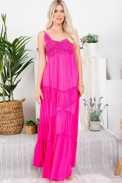 CROCHET LACE TIEREN HEMLINE MAXI DRESS: NAVY / L