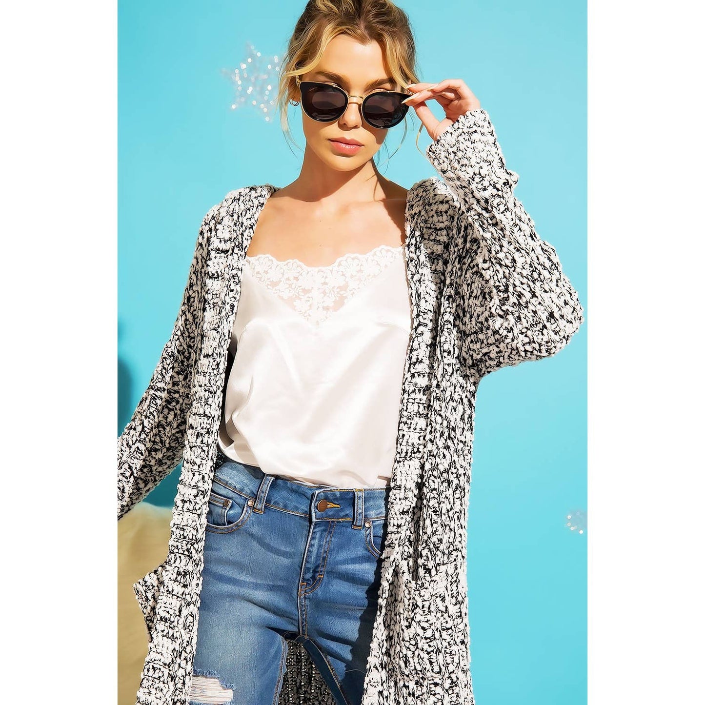 RIBBED POPCORN KNIT LONG OPEN HOODIE CARDIGAN: Adobe / ML