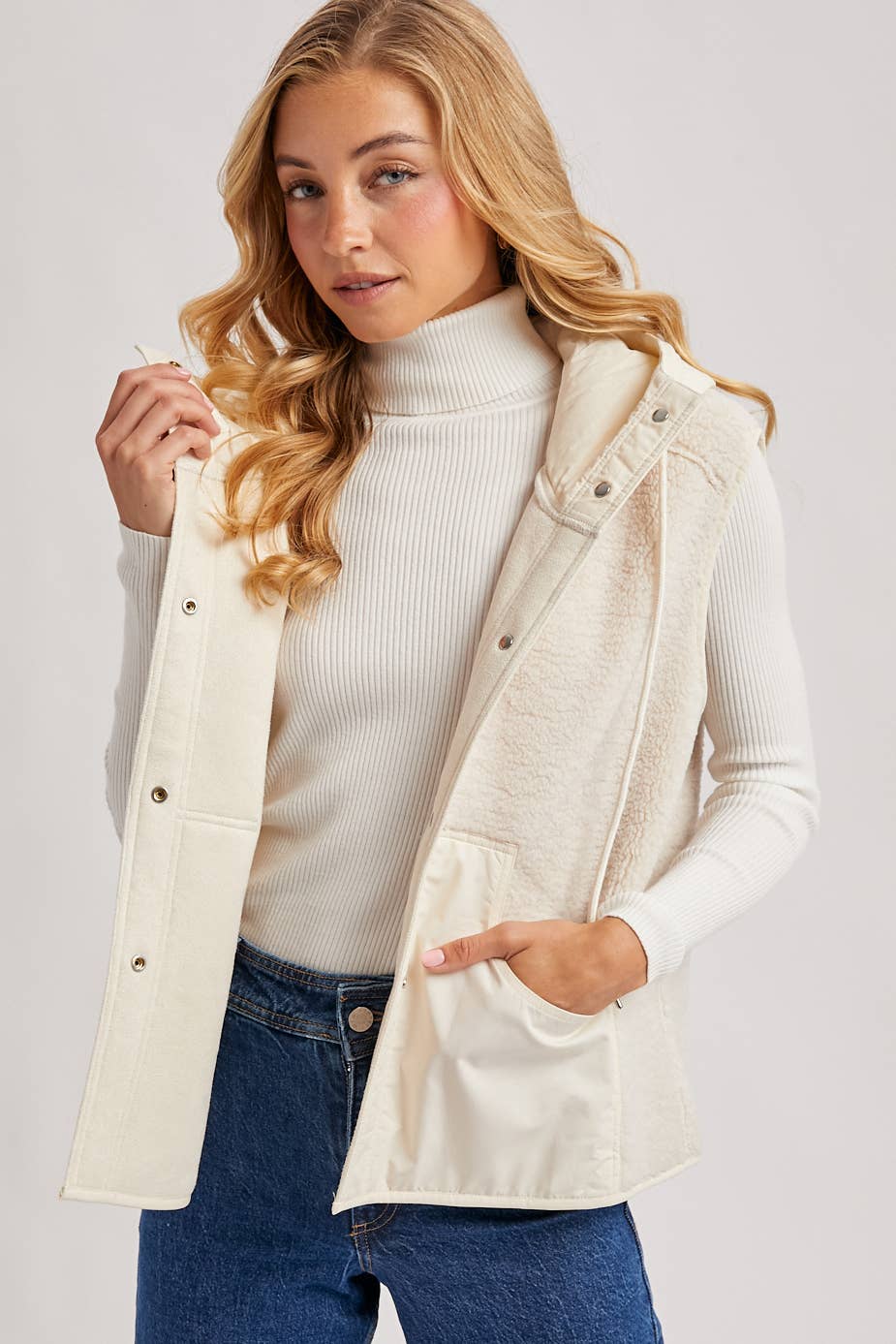 SHERPA FLEECE HOODED VEST WITH FAUX SUEDE INNER