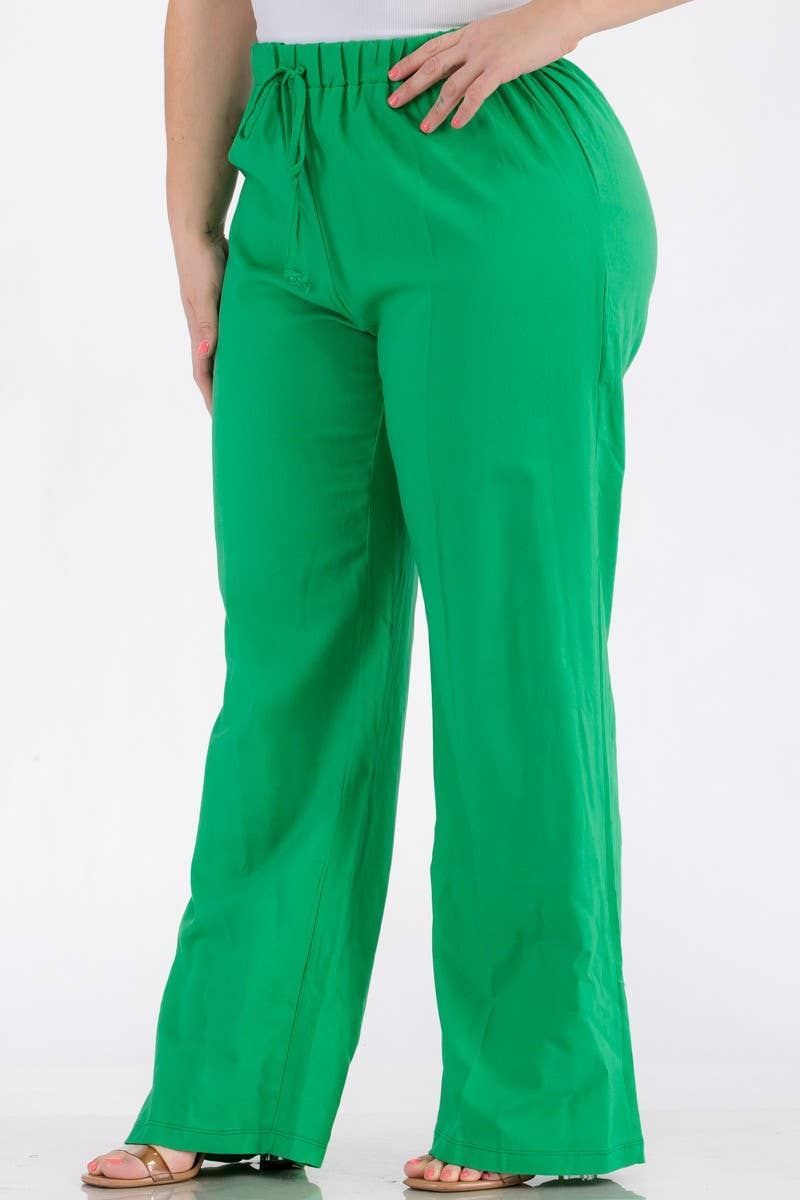 PLUS SIZE LINEN ELASTIC WAIST WIDE LEG PANTS: Black / 2X