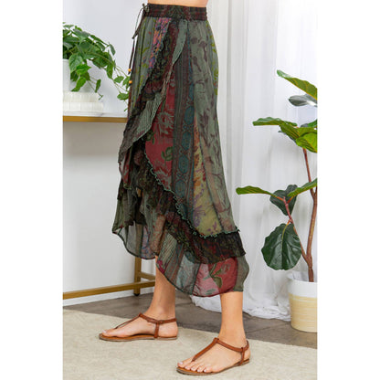 Boho Fusion: Ruffled wrapped look Fit&Flare Midi Skirt
