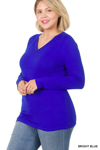 Plus Size Brushed Microfiber Long Sleeve V-neck Tee
