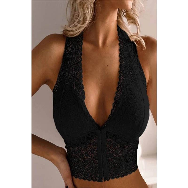 WOMEN FRONT CLOSURE LACE TOP PUSH UP BRALETTE: BLACK / S