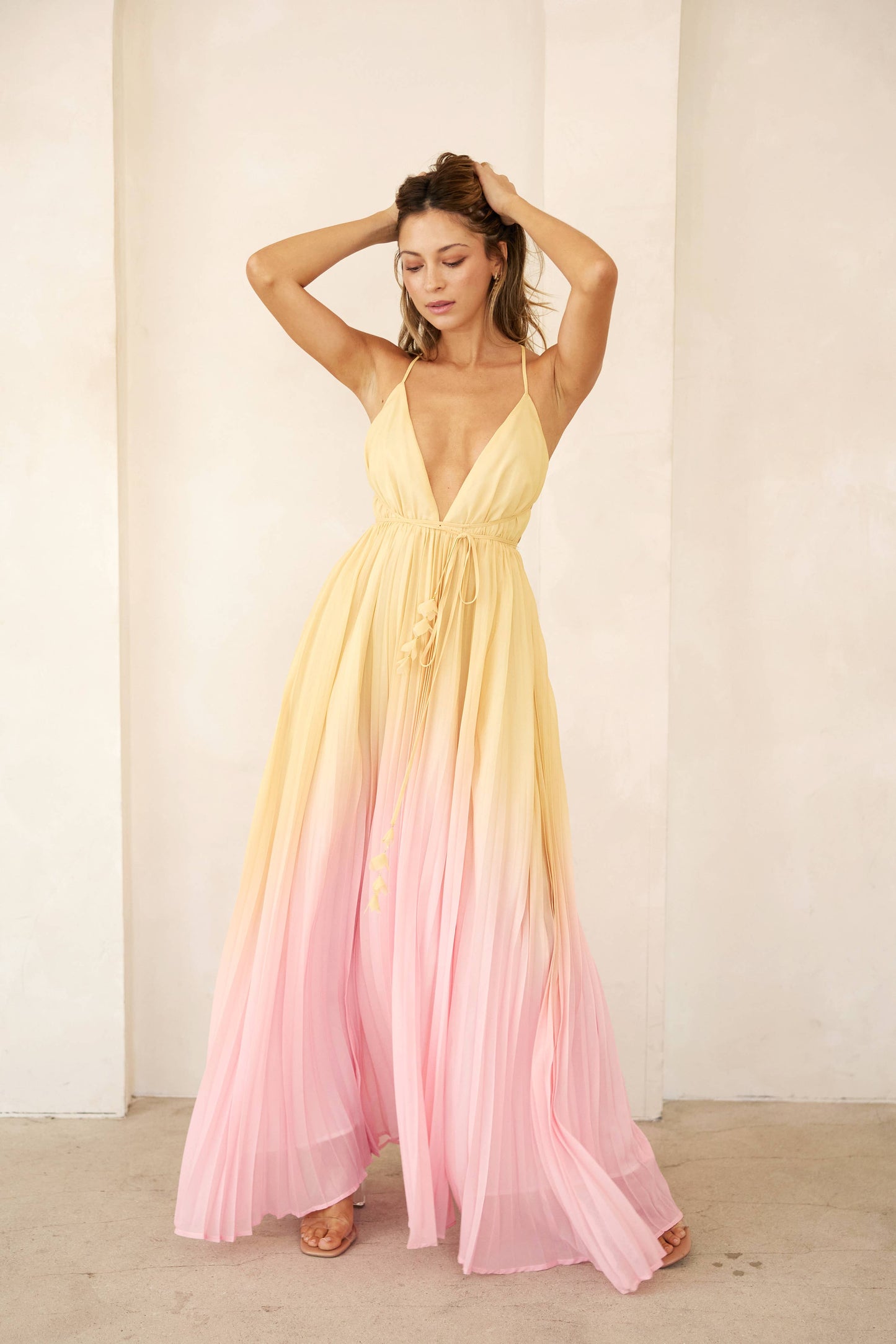 LD1225 Plunge Neckline Pleated Maxi Dress: Yellow Pink Ombre / Contemporary / S