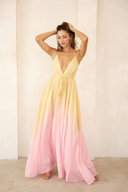 LD1225 Plunge Neckline Pleated Maxi Dress: Yellow Pink Ombre / Contemporary / S