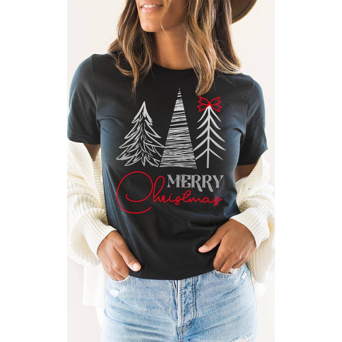 Merry Christmas, Silver Pine Trees, Red Bow, Holiday Tee