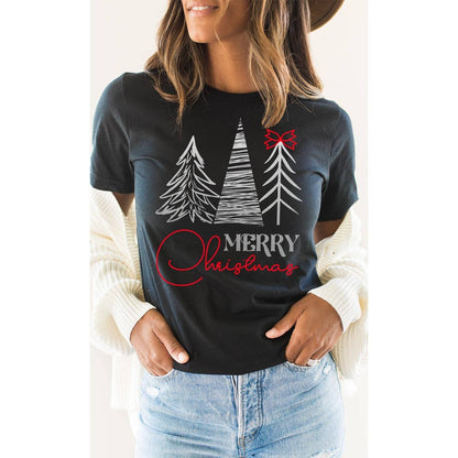 Merry Christmas, Silver Pine Trees, Red Bow, Holiday Tee