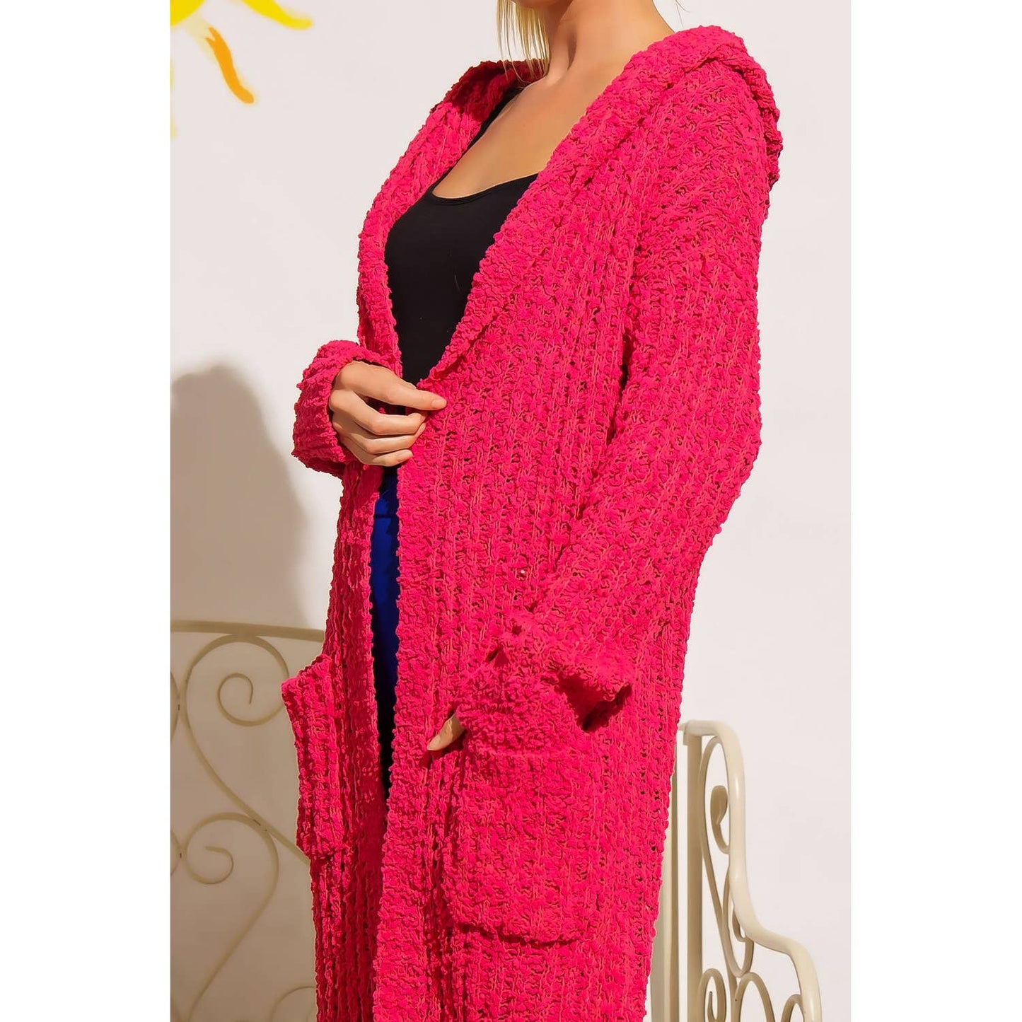 RIBBED POPCORN KNIT LONG OPEN HOODIE CARDIGAN: Adobe / ML