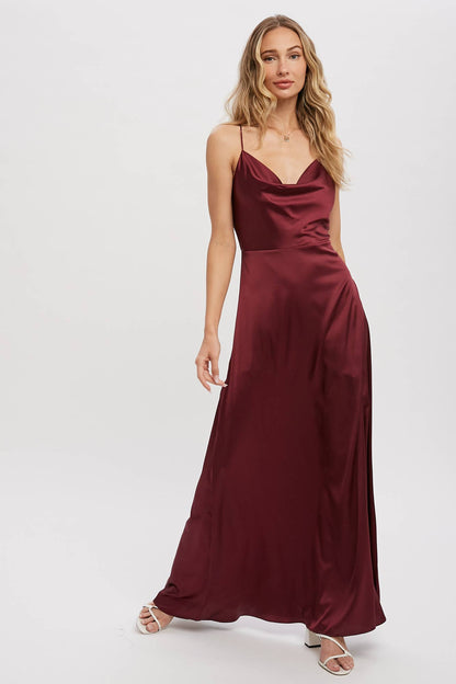 DRAPE NECK SILKY MAXI DRESS: PLUM / S