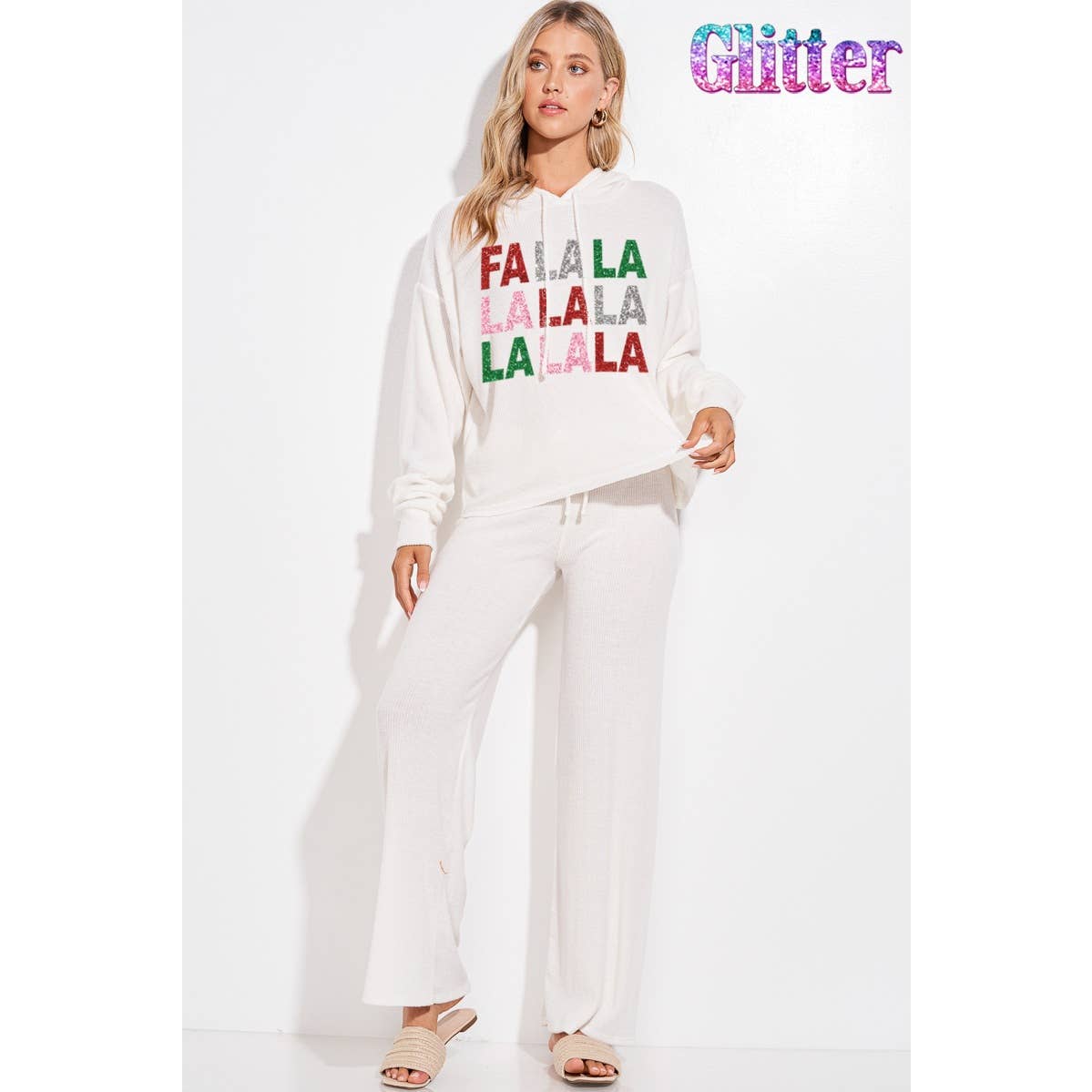 Falalala glitter print rib Hoodie loungewear set