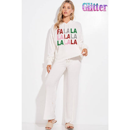 Falalala glitter print rib Hoodie loungewear set