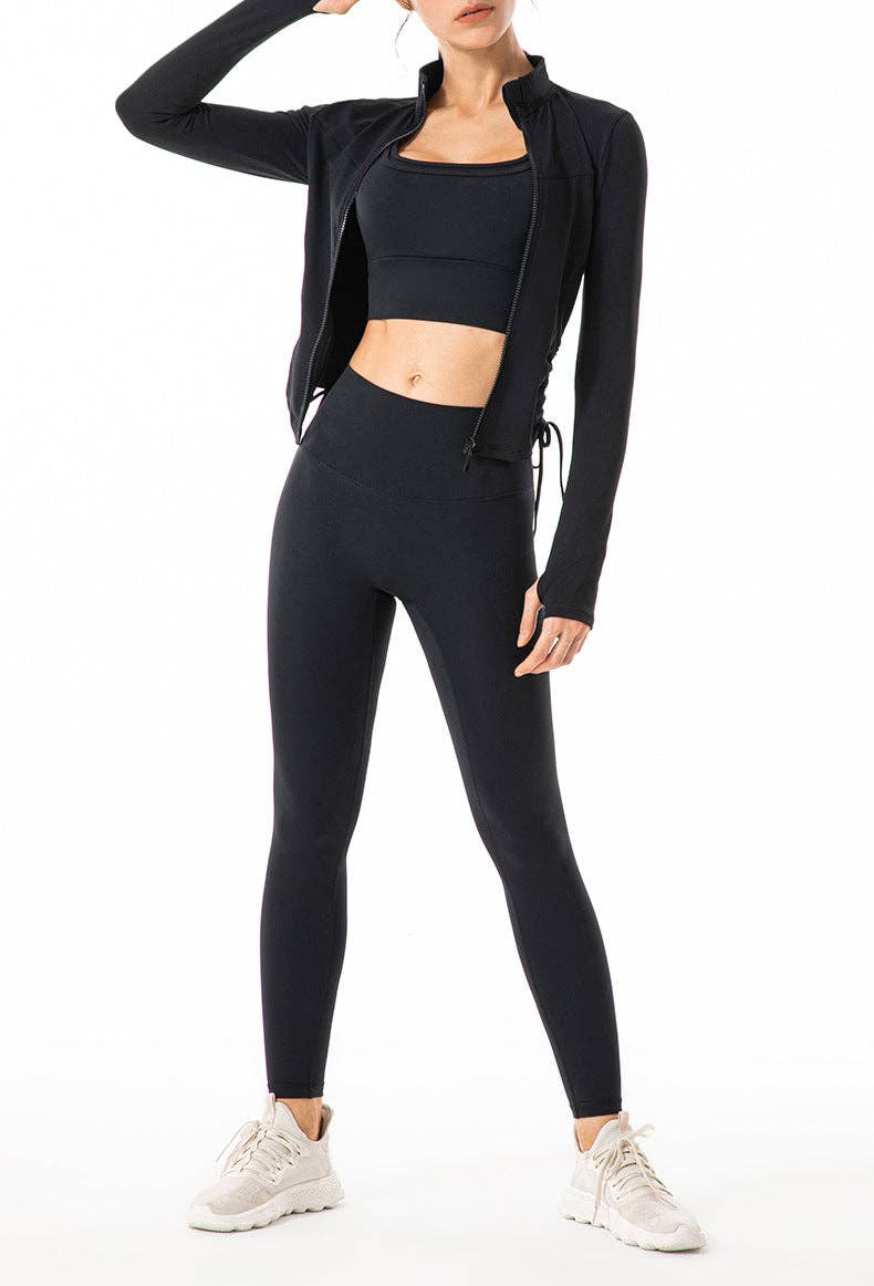 Defining Contouring Small 0-4Seam Drawstring Ruched Zip Fitted Jacket: Black