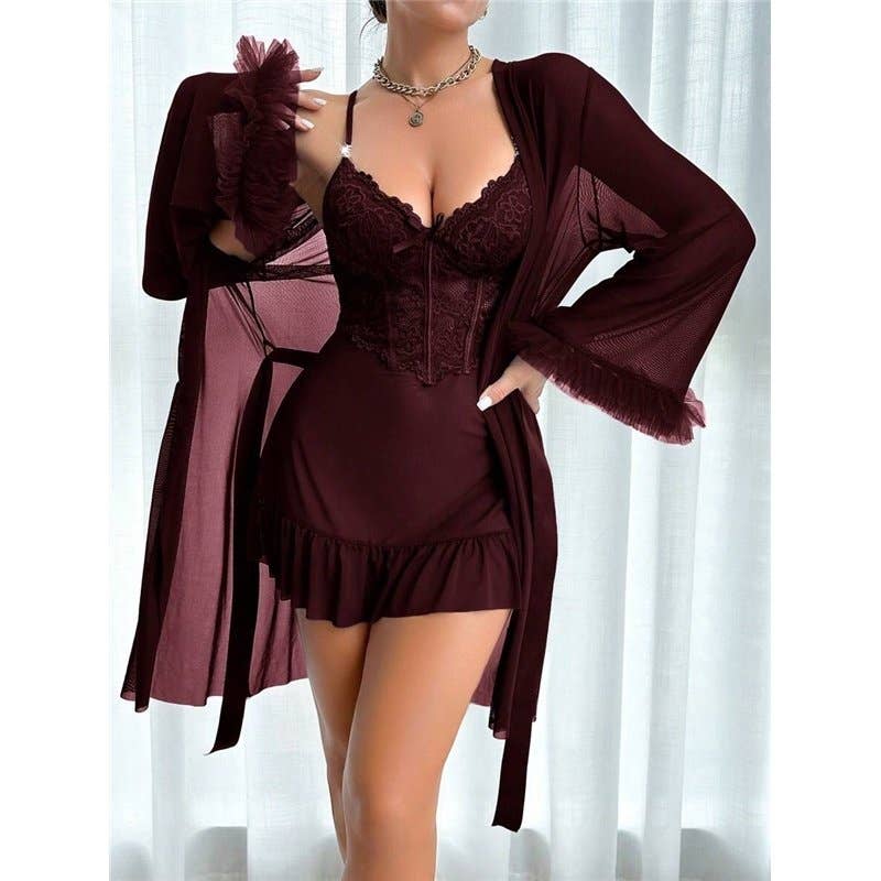 Sexy Lace Chemise Nightgown Women Summer Sleepwear Set