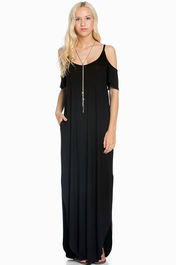 SD5050 Ruffled Cold-shoulder Maxi Dress: Navy / S