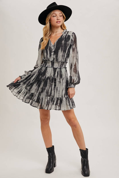 ANIMAL PRINT LONG SLEEVED V-NECK MINI DRESS