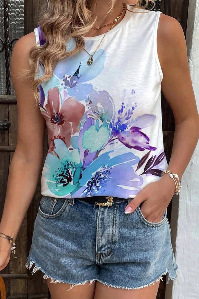 Placement Paint Floral Print Tank Top AXR046: White / 2XL