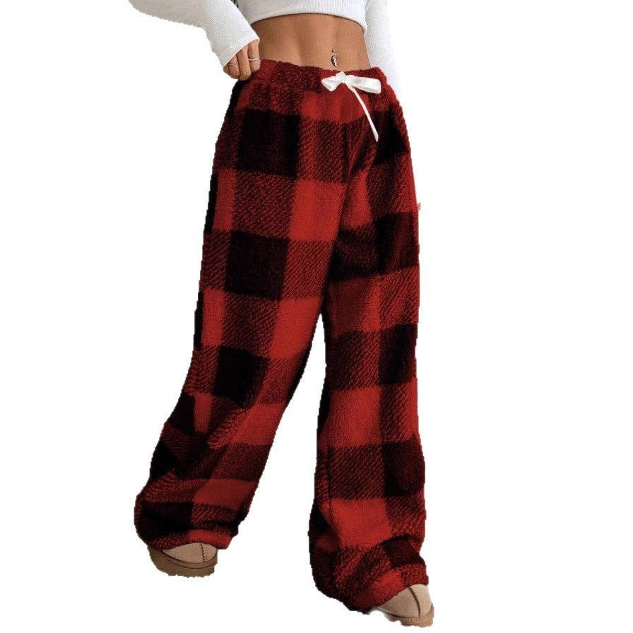 Women Drawstring Flared Plaid Print Wide Leg Casual Pants
