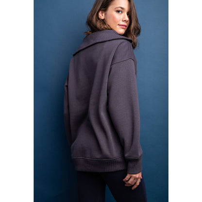 FRENCH TERRY RIBBED MOCK NECK PULLOVER: Sky Blue / M