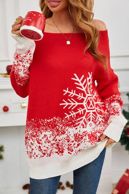 Red Off Shoulder Christmas Pattern Sweater SF102