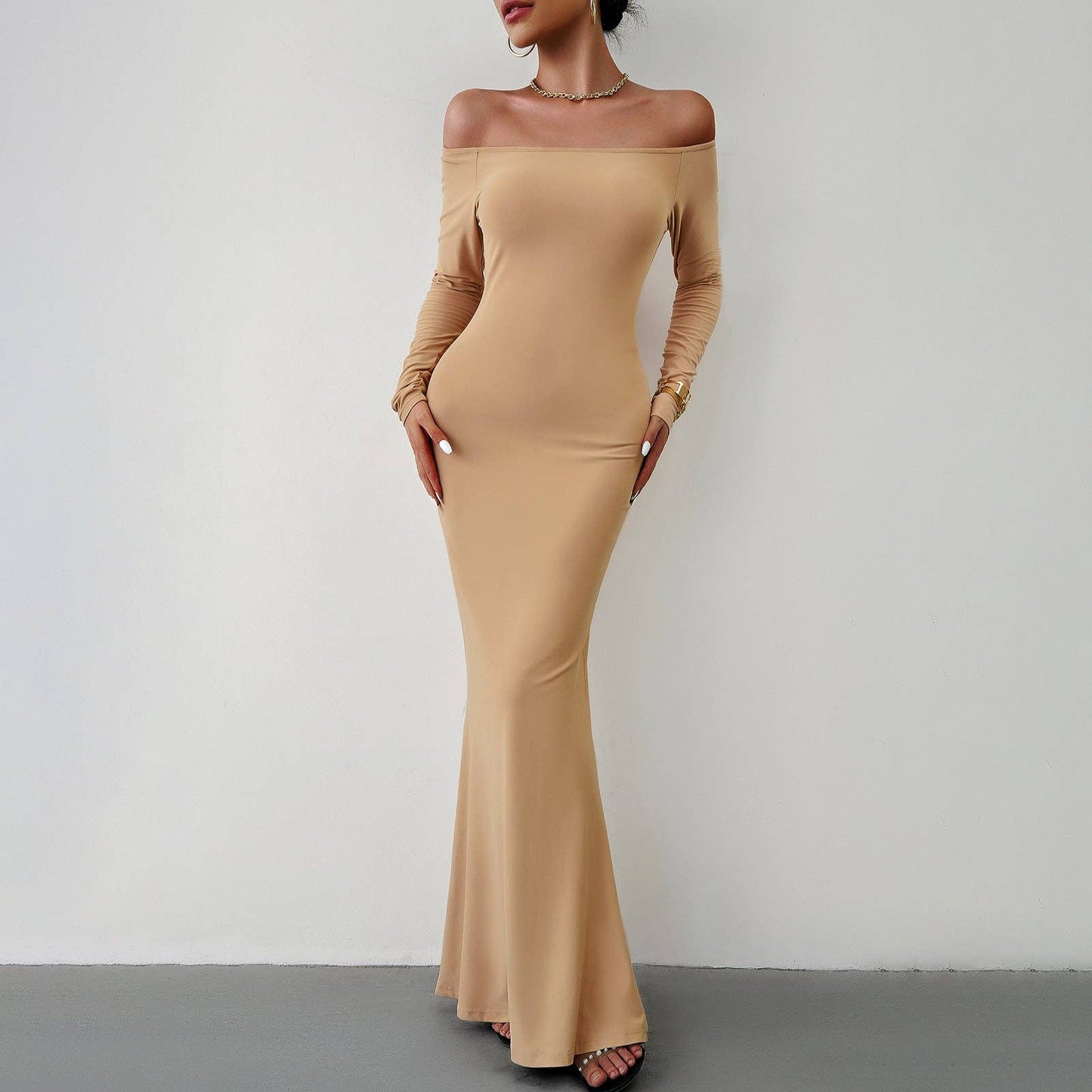 Long Sleeve  Maxi Dress: Black / L Off Shoulder Solid Longline Lounge
