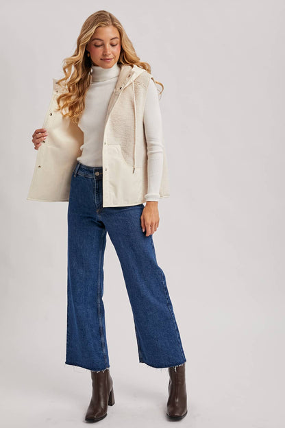 SHERPA FLEECE HOODED VEST WITH FAUX SUEDE INNER