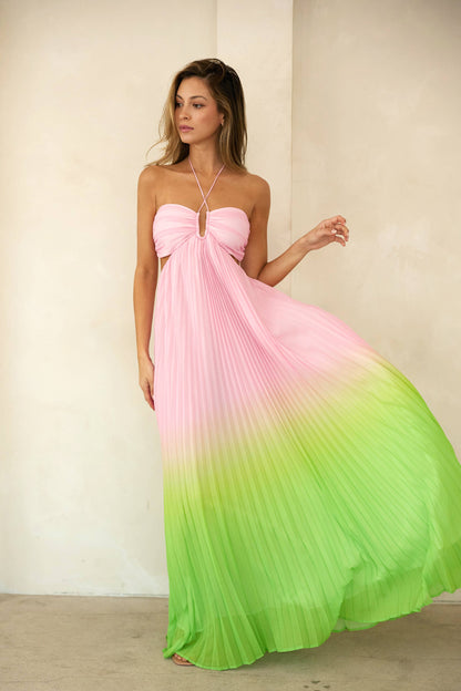 LD1065 Sweetheart neck pleated maxi halter dress: Pink/Lime / Contemporary / S