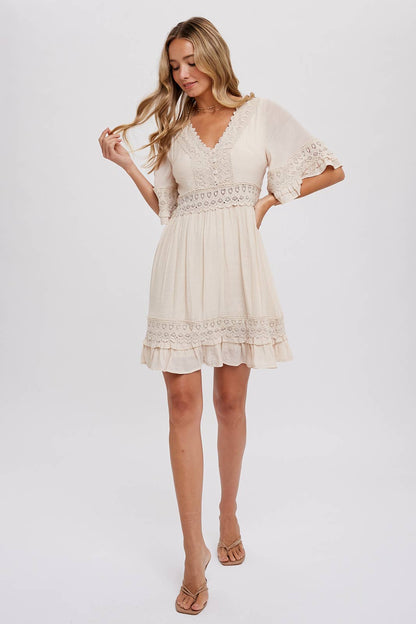 V-NECK LACE DRESS - Open Back with Tie Detail