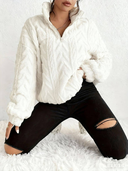 Women Casual Double-Side Plush Floral Zip-Up sweatshirt