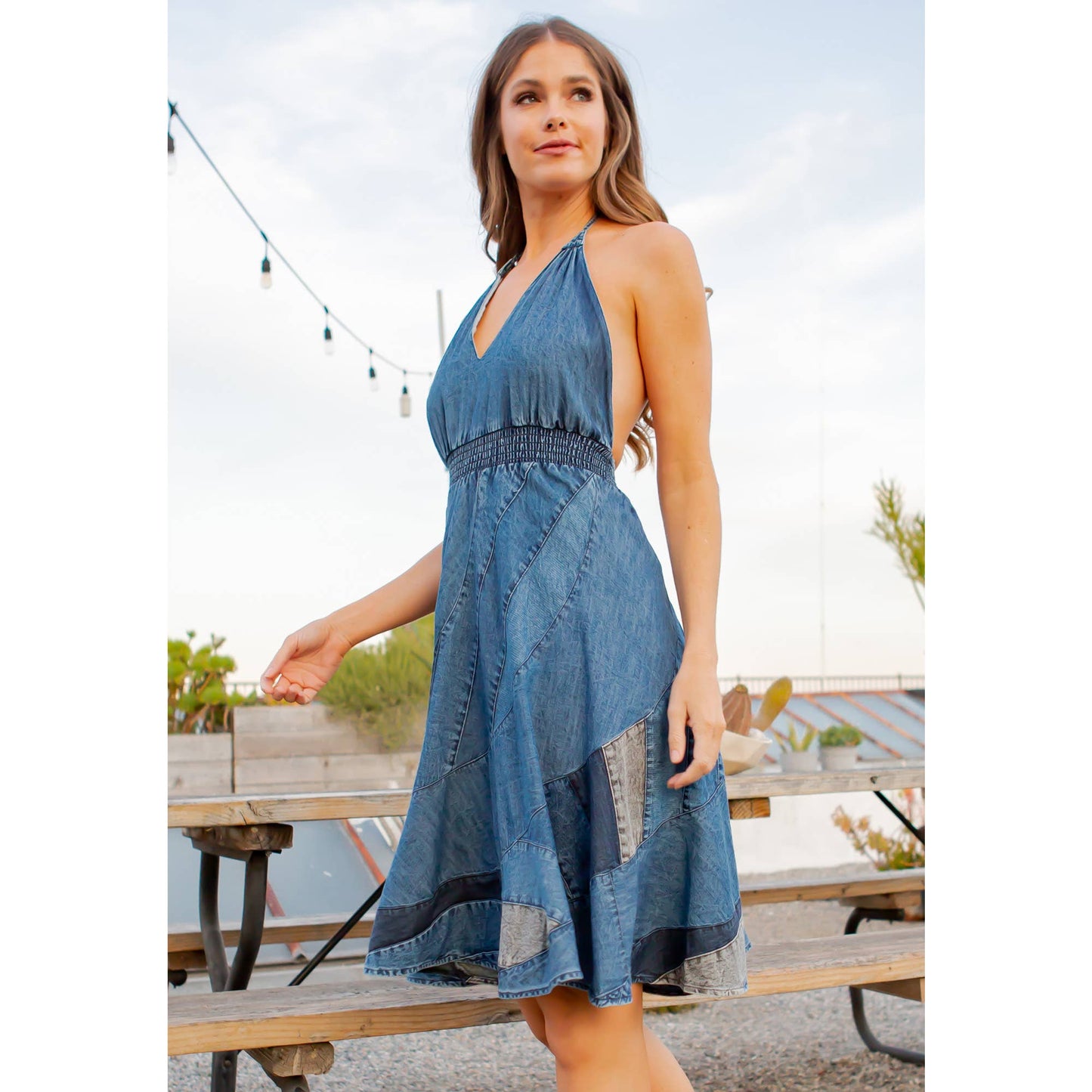 Halter Neck BabyDoll Western Dress Asymmetrical Patch Bottom: Blue / (S-M-L-XL 1-2-2-1)