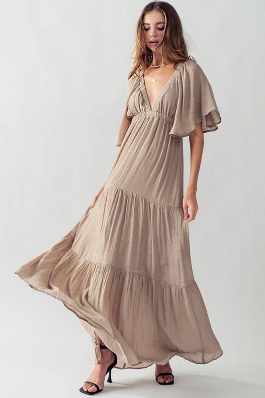 DEEP V NECK TIERED MAXI DRESS: BLACK