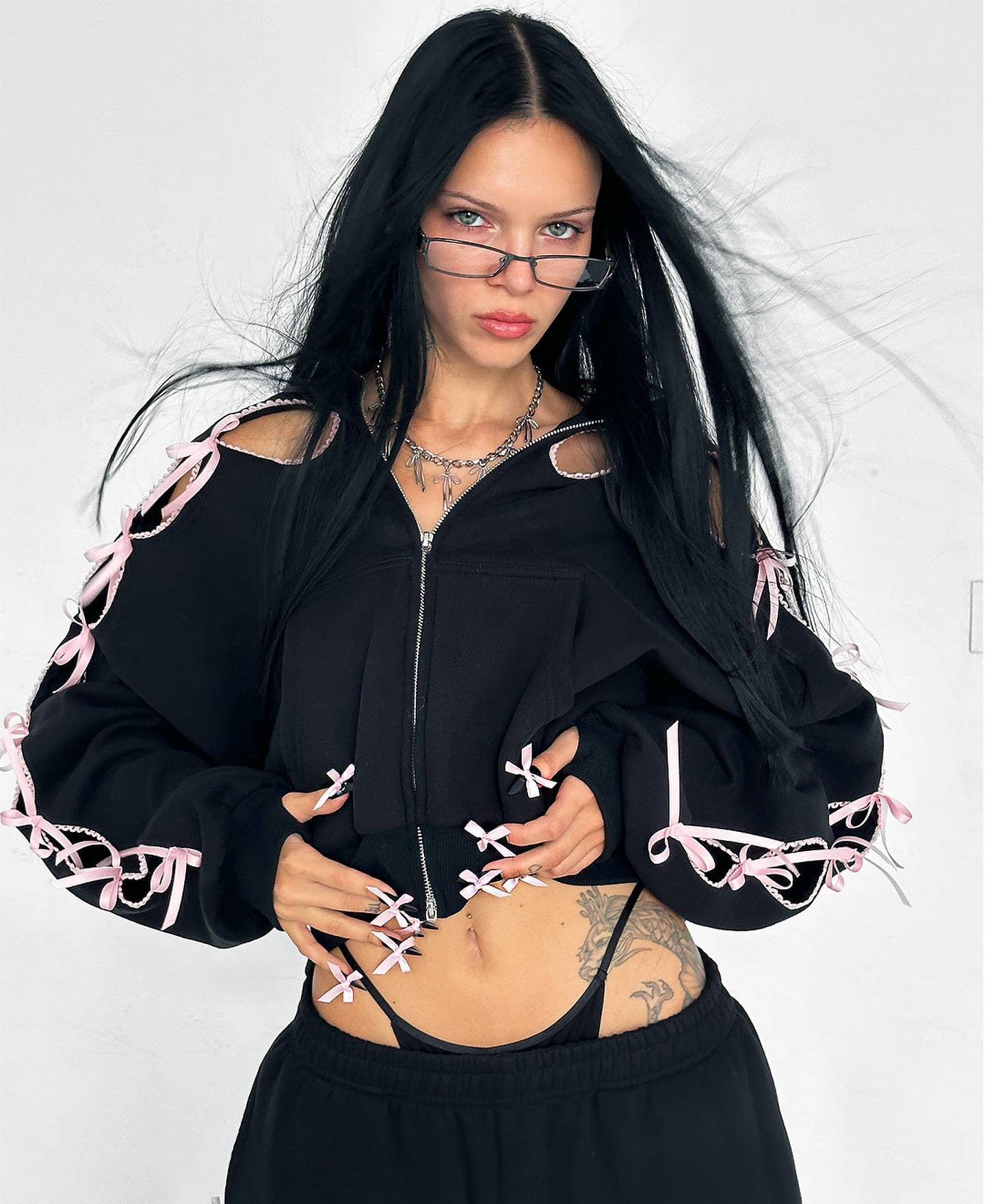 Black Solid color bow velvet casual hollow sweatshirt sports pants