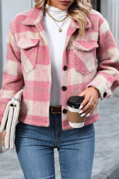Plaid Button Pockets Fleece Shacket GZDY016