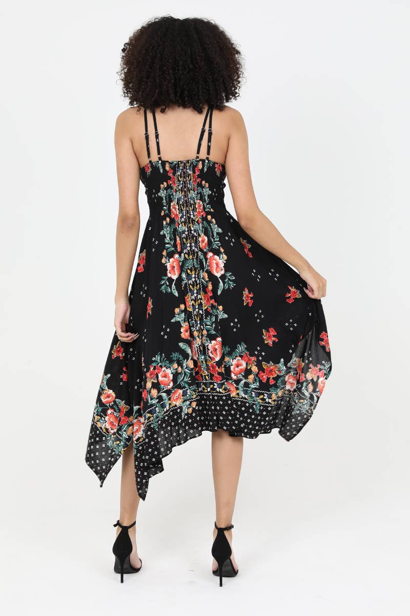 C4B17-A652 V NECK HANKY HEM MIDI DRESS WITH LACE WAIST