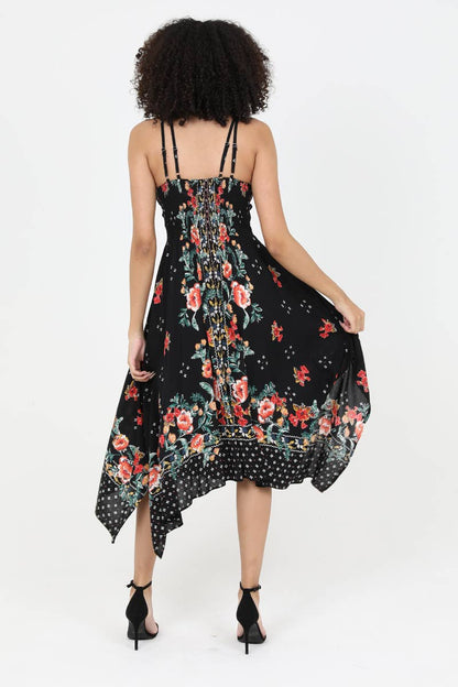 C4B17-A652 V NECK HANKY HEM MIDI DRESS WITH LACE WAIST