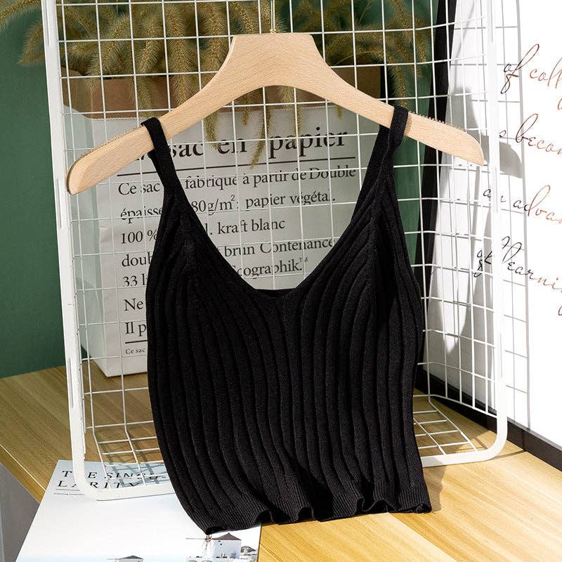 Ladies Solid Color String Low Collar Knit Top 8210: Black / One Size