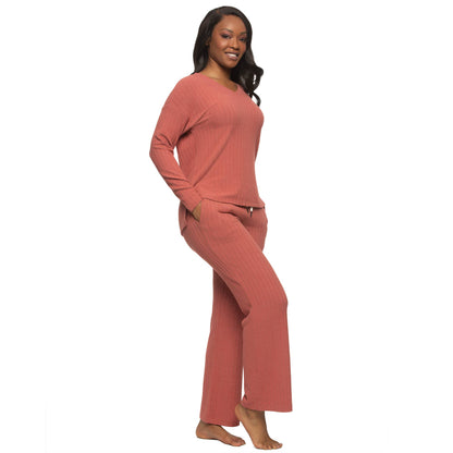 Serena Brushed Rib V-neck Pullover and Pants Set - Marsala