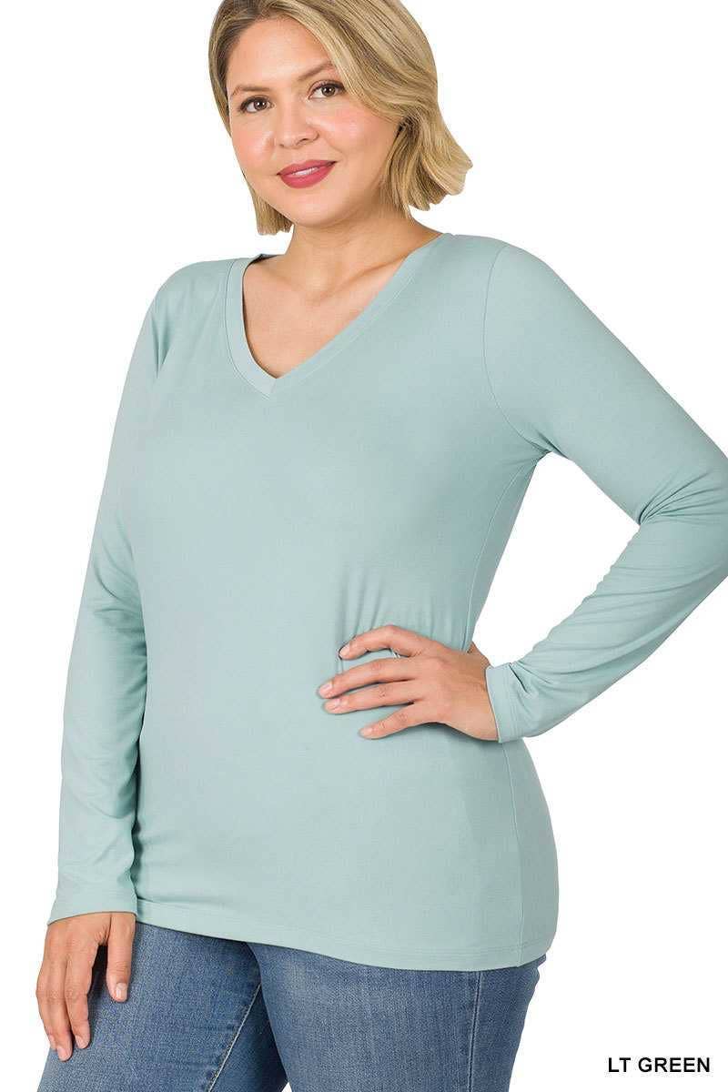 Plus Size Brushed Microfiber Long Sleeve V-neck Tee