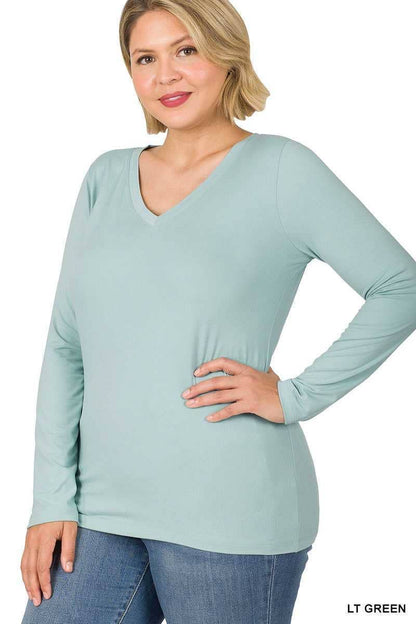 Plus Size Brushed Microfiber Long Sleeve V-neck Tee