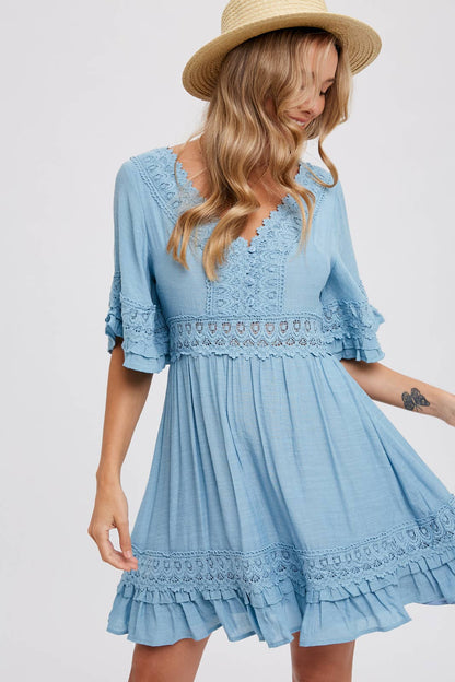 V-NECK LACE DRESS - Open Back with Tie Detail