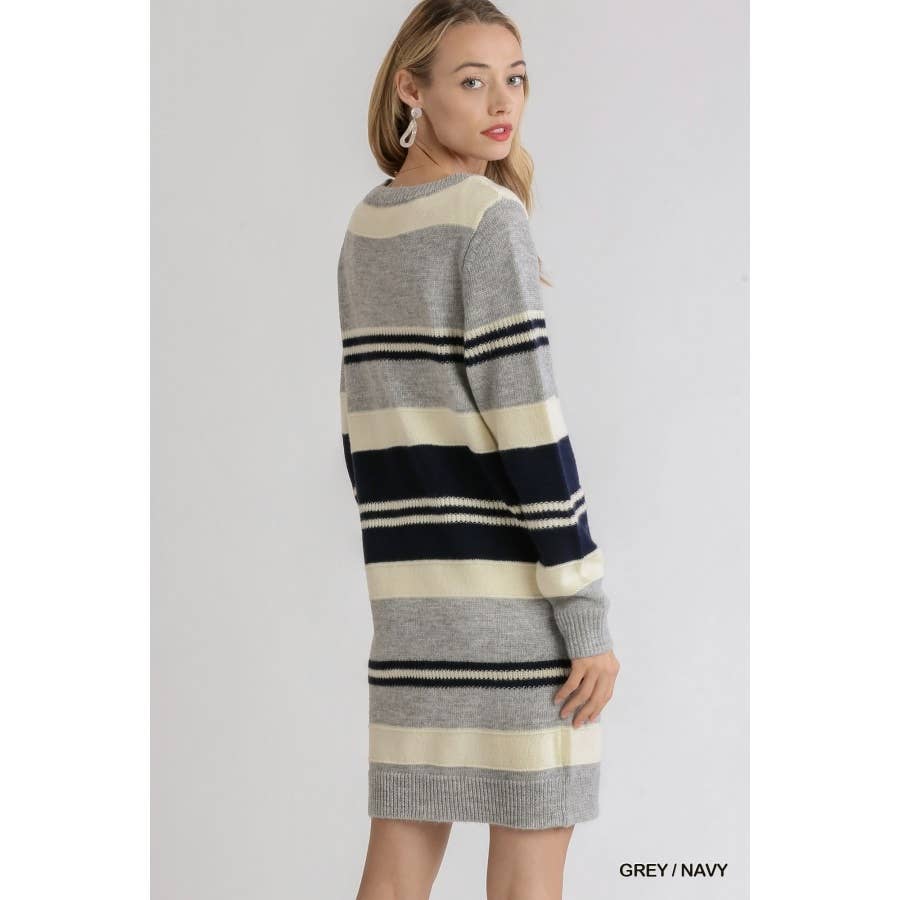 Multi Stripe Long Sleeve Knit Sweater Dress: Grey Navy / M