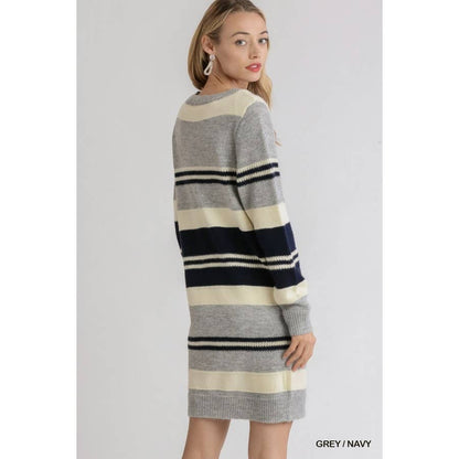 Multi Stripe Long Sleeve Knit Sweater Dress: Grey Navy / M