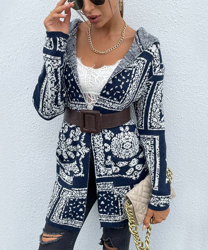 Navy blue floral pattern hooded cardigan with pockets: M