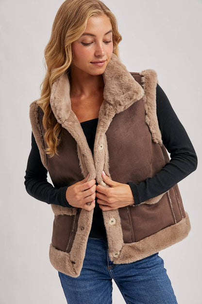 FAUX SUEDE WITH FAUX SHEARLING LINING TRIM VEST